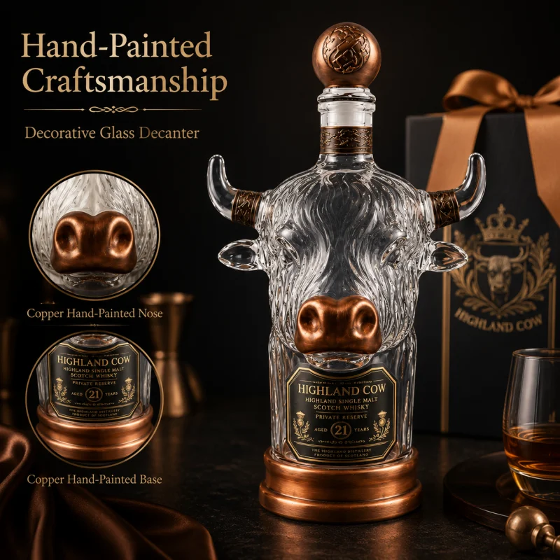 Vintage Collectible Liquor Bottles - ユニークなハイランドカウデザインのガラス製ウイスキーデキャンタボトル（ストッパー付き）ヴィンテージ風ブルデザインの酒容器、ユニークなコレクターギフト