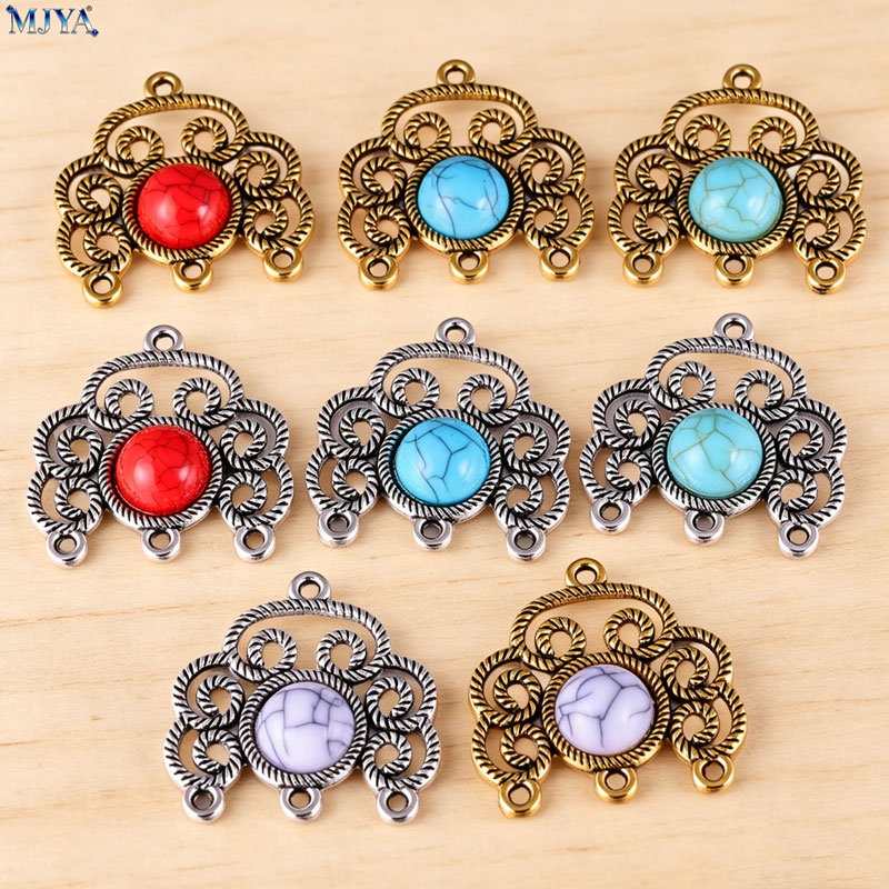 Vintage Collectible Item - MJYA 5 ピース/ロットヴィンテージ合金ターコイズコネクターチャーム中空花柄デザイン DIY ジュエリー作成用品アクセサリー