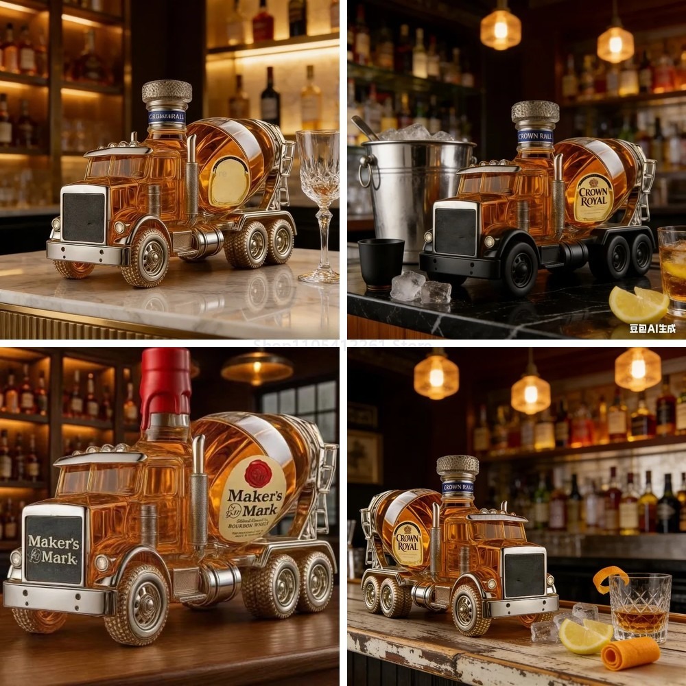 Vintage Collectible Liquor Bottles - ヴィンテージトラック型ガラス製ウイスキーデキャンタセット、男性の隠れ家やホームバーの装飾に最適なコレクターズアイテム、トラック愛好家へのユニークなギフト
