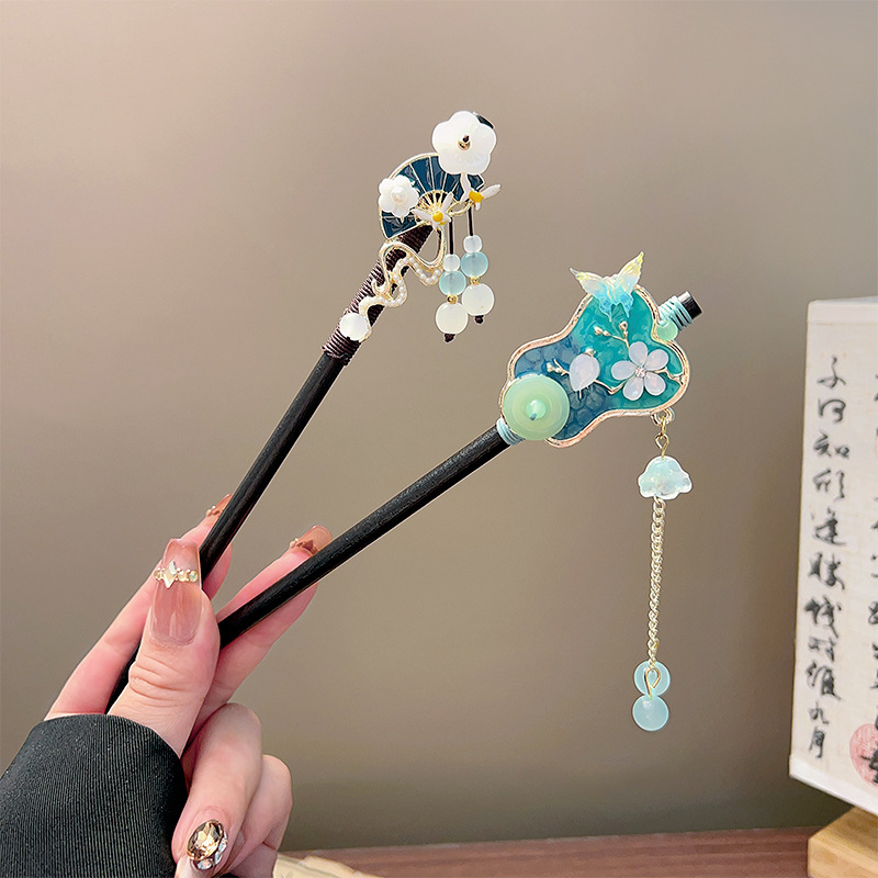 クラシックタッセルヘアスティック黒木製フラワーパールヘアピン - Vintage Collectible Item のレビューと価格