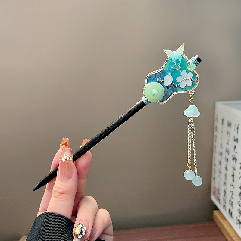 クラシックタッセルヘアスティック黒木製フラワーパールヘアピン - Vintage Collectible Item のレビューと価格
